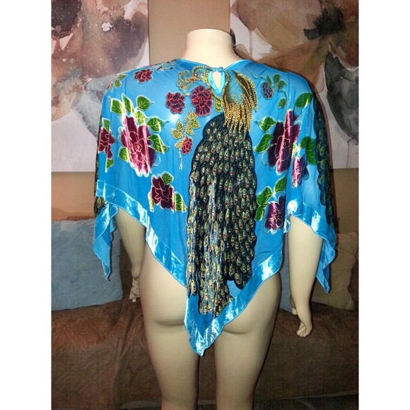Lane Bryant Blue Peacock Floral Beaded Poncho One Size 14/20 EUC - Picture 5 of 6